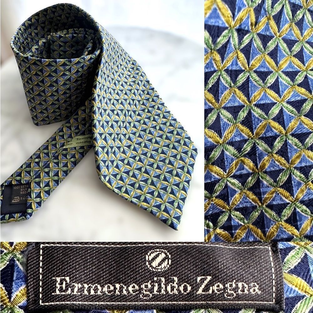 Ermenegildo Zegna Green Blue Yellow geometric silk tie Italy
